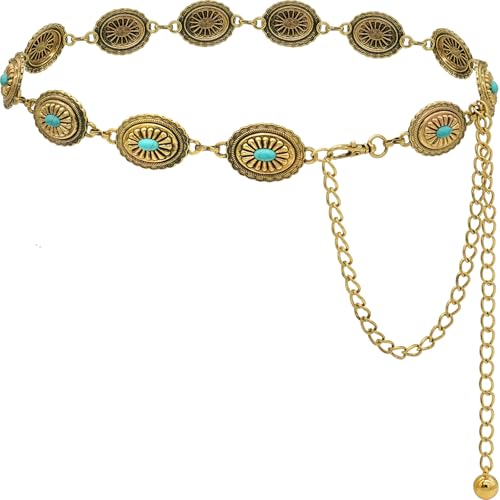 Women's Concho Chain Belt Western Cowgirl Metal Waist Chain Belt for Dress - color: B Gold, size: S: 41.3 in