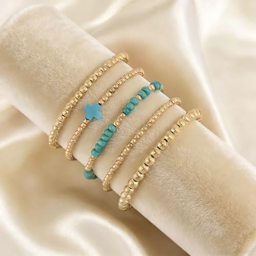 VIBILIA Gold Beaded Bracelets Set for Women 14K Gold Plated Dainty Pearl Cross Bracelet Stack Stretch Bracelet Set Fashion Accessories Gifts - color: 5P-MZSZJ-Green