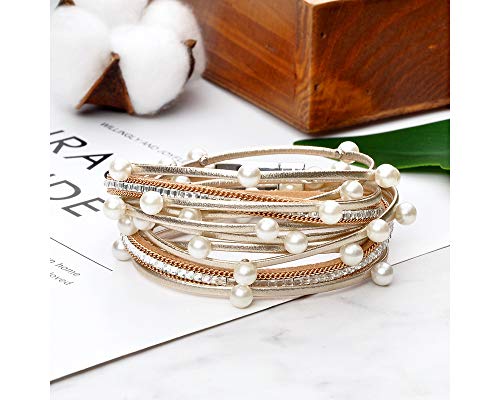 Fesciory Leopard Bracelet for Women, Boho Leather Wrap Multi-Layer Pearl Crystal Bracelet Bangle Jewelry - style: Gold Pearl-Double Wrap