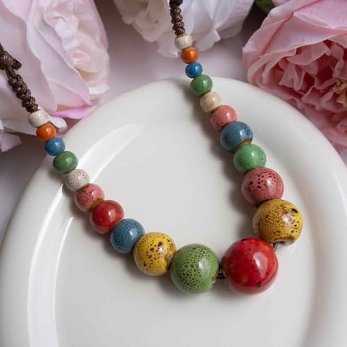Boho Round Colorful Ceramic Beaded Necklace, Adjustable Hippie Statement Necklace, Handmade Ethnic Jewelry Gift for Women - color: Colorful