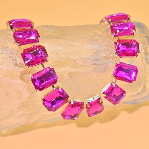 Fashionable Chunky Plated Tennis Rhinestone Statement Necklace Jewelry Set for Women Multicolor gem necklace with Great Sparkle and Shine Design for Women to Easy Match - color: fuchsia red square Rhinestone