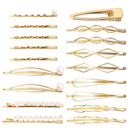 18 PCS Geometric Metal Gold Hair Styling Pins Women Girls Preppy Pearls Hair Clips Bridal Elegant Hair Barrette Set Minimalist Bobby Pins Dainty Hair Accessories - color: Gold