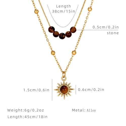 MYANAIL Tigers Eye Stone Sun Pendant Layered Necklaces for Women 14K Gold Maillard Tiger's Eye Beaded Choker Necklace Jewelry Accessory Spiritual Healing Stone Stacked Chain Necklaces - color: Gold