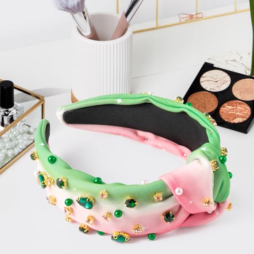 PANTIDE Witch Musical Jeweled Knotted Headband - Witch Musical Fans Gift Pearl Crystal Embellished Headband Wide Top Knot Fashion Pink Hairband Accessories Birthday for Women Girls (Green Rhinestone) - color: Pink Green Rhinestone