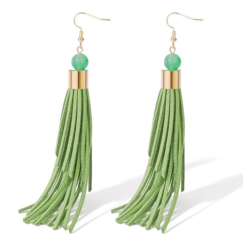 Coiris Boho Leather Layered Tassel Earrings for Women Lightweight Leather Fringe Dangle Earrings Handmade Bohemian Summer Beach Western Drop Earrings for Women - color: Green