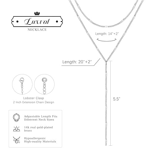 Luxval Lariat Silver Necklace for Women, Dainty Long Necklace Silver Y-Shaped Pendant Necklaces Trendy Beaded Chain Drop Necklaces Jewelry for Women Gifts - color: Silver-Layered Shiny Necklace
