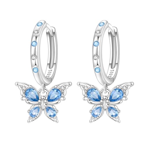 925 Sterling Silver Dangle Earrings for Women, Butterfly&Bee Animals Design, Hypoallergenic Jewelry gifts - color: Blue stone inlaid butterfly earrings