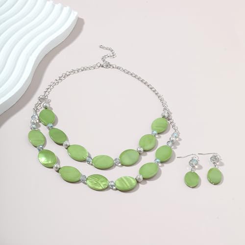 2 Layered Chunky Beaded Shell Necklace for Women Sea Shell blue/yellow/red/green/turquoise/teal/white Statement Necklace and Earring Set Elegant Women Necklace Set Jewelry Sets for Women - color: Green