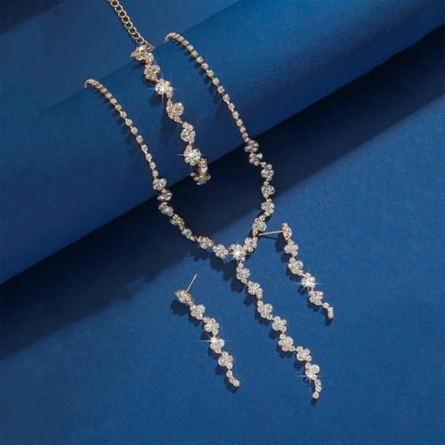 Bridal Wedding Jewelry Set Gold Silver Rhinestone Necklace Earrings Bracelet Set for Brides Bridesmaid Prom Costume Accessories - color: Gold