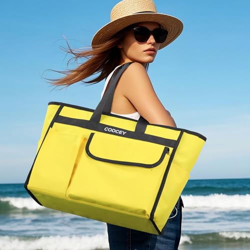 Large Utility Tote Bag with Reinforced Bottom, Waterproof Multi Pockets Beach Tote Bag for Travel, Work, School - color: Yellow