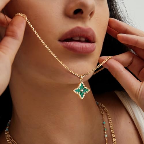 Fettero Gold Clover Necklace for Women Dainty 14K Gold Plated CZ Pendant Necklace Adjustable Chain Choker Charm Colorful Clover Pendant Lucky Necklaces for Women Jewelry - color: Malachite-green
