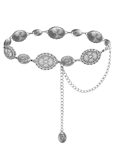 TOPACC Western Metal Concho Belt for Women Cowgirl Chain Belts for Dresses Jeans Country Concert Outfit - color: B Silver, size: Fit Waist: 34-36 in
