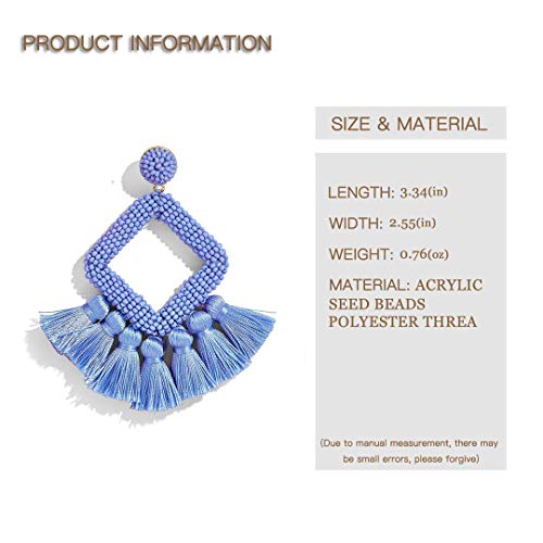 Long Tassel Earrings Statement Bohemian Pom Ball Handmade Drop Dangle Earrings for Women - style: S-blue