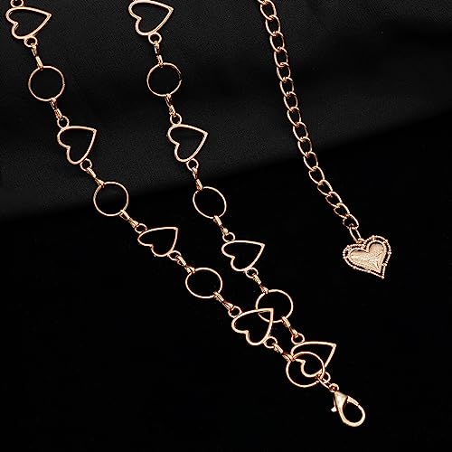 Long Tassel Waist Chain Belt for Women, Adjustable Metal Body Belly Belt Chain for Dress - color: Gold Double Heart, size: S: (Fit Waist 35.4in)