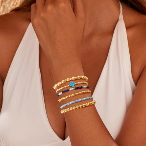 VIBILIA Gold Beaded Bracelets Set for Women 14K Gold Plated Dainty Pearl Cross Bracelet Stack Stretch Bracelet Set Fashion Accessories Gifts - color: 6P-#C-Blue