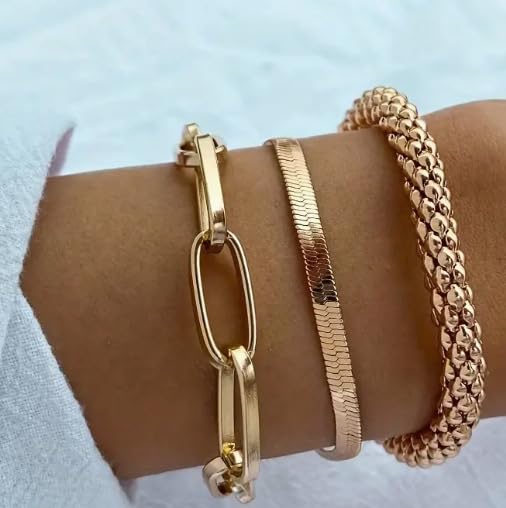 Alegend Titanium Steel (Not Rust, Resist Corruption, Easily Clean) 18K Gold Plated Single Bracelets + 14K Gold Plated Stackable Multilayer Bracelets - style: 14KGold + 3PCS