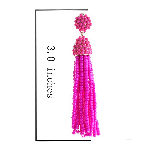 NLCAC Women's Beaded tassel earrings Long Fringe Drop Earrings Dangle 6 Colors - color: hot pink