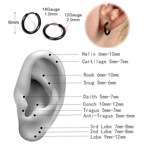 1 Pair 6mm Black Earrings for Men Women, 316L Surgical Stainless Steel Small Hoop Earrings Hypoallergenic Non Tarnish Cartilage Hoop Earrings for Multiple Piercing Huggie Hoop Earrings (Black/2.0mm) - color: Black, size: 6mm (Thickness: 2.0MM)