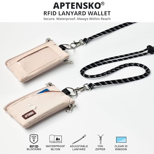 RFID Blocking Travel Wallet with Adjustable Lanyard, Small Nylon Zipper Pouch and Badge Holder for ID, Credit Cards, Cash, Keys, Commuters (Almond White) - color: Almond White