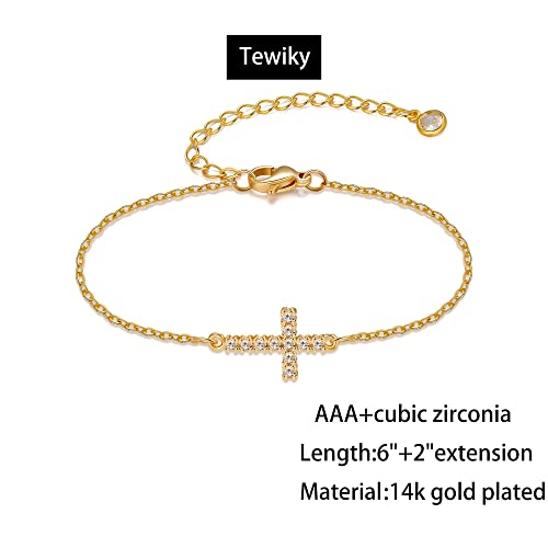 Tewiky Waterproof Gold Bracelets for Women Non Tarnish - Dainty Stack 14K Gold Plated/Sterling Silver Chain Bracelets Set Adjustable Trendy Jewelry for Women - style: gold CZ cross bracelet