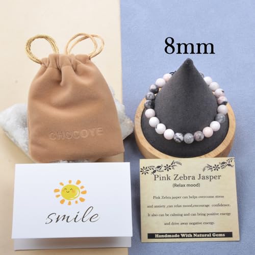 468Handmade Adjustable Natural Gemstone Crystal Bracelet Healing Power Energy Inspirational Gifts with Card for Unisex - color: 07-Pink Zebra Jasper(Relax mood), size: 8mm