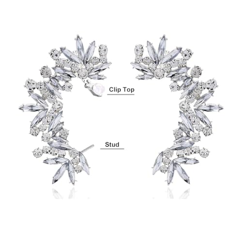 Rhinestone Silver Full Ear Cuff Earrings for Women Ear Clip Wrap Statement Climber Crawler Earrings for Women Hypoallergenic Silver Wedding Jewelry Gifts - color: Silver