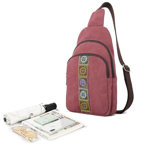 SILKAREA Canvas Sling Bag for Wome Crossbody Purse Small Sling Backpack Purse Travel Hiking Chest Bag Daypack - color: Wine Red