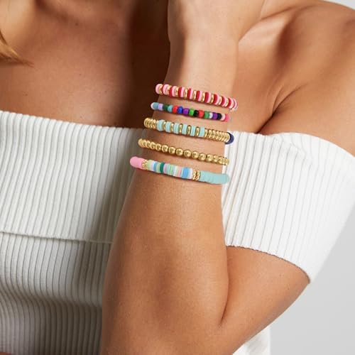 VIBILIA Gold Beaded Bracelets Set for Women 14K Gold Plated Dainty Pearl Cross Bracelet Stack Stretch Bracelet Set Fashion Accessories Gifts - color: 5P-RTMZ-Color