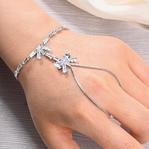 Adjustable Hand Chain Bracelet Women, 16K Gold Plated Finger Bracelet, Secure Ball Clasp Elegant Slave Hand Jewelry, Y2K Aesthetic Accessories for Summer Festival Prom Beach Vacation Daily Wear - color: style1-16K silver-plated