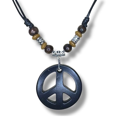 LAVIP Peace Sign Pendant Necklace, Black Cord with Wooden Beads, Boho Style - color: Black