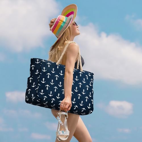 Becokan Beach Bag Large Beach Tote Bag for Women Waterproof Sandproof Swim Pool Bag With Zipper - color: Anchor