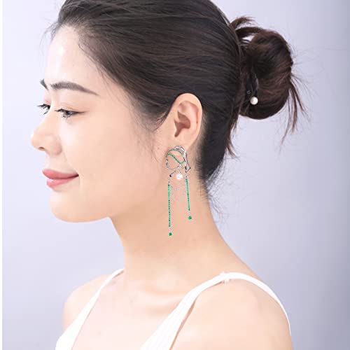 Unique Abstract Face Art | Dangle Statement Long Earrings for Women | Rhinestone Tassel Handmade Chandelier Earrings - color: Silver Green Diamond