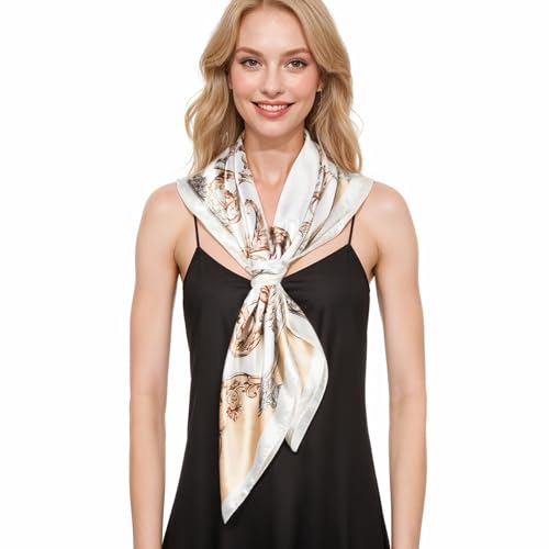 RIIQIICHY Head Scarf for Women Like Silk Scarf Hair Scarf Printed Square Scarf Bandanas for Women 35 Inches - color: Ivory/Beige/Brown