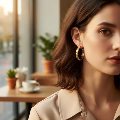 Gold Hoop Earrings for Women 14K Gold Earrings for Women Thick Large Earrings Gold Huggie Earring Womens Lightweight Hypoallergenic - color: Wheat Gold