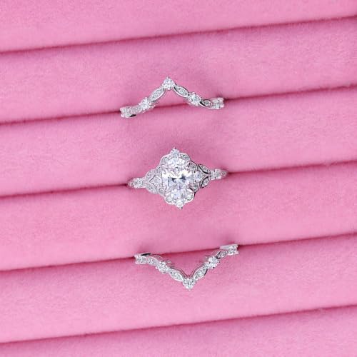 BERRICLE Sterling Silver CZ Halo Wedding Engagement Rings for Women, Oval Cut Cubic Zirconia, 1-3 Piece Sets, Pink/Blue/Clear - style: 3 Piece Set, Clear