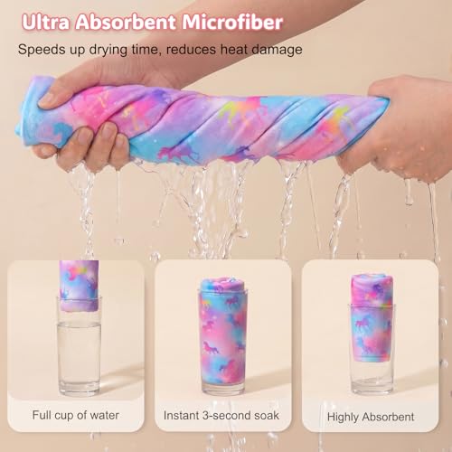 Basumee Microfiber Hair Towel Wrap for Kids 2 Pack Rapid Drying Hair Towel with Button Hair Turbans for Wet Hair Wraps Head Towel Wrap for Women and Girls, Rainbow Unicorn - color: Rainbow Unicorn