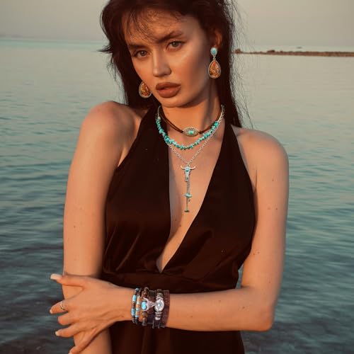 3 Pcs Layered Western Jewelry Set for Women Boho Turquoise Beaded OX-Head Necklaces Western Cactus Cowboy Chic Earrings Rustic Cowgirl Stack Bracelets Country Concert Outfits Accessory - color: OX-Head Tassel