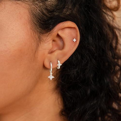 3 Pairs Small Earring Stacks, 14K Gold/Silver/Black/Rose Gold Plated Pearl Heart Butterfly Star Diamond Charm Drop Huggie Earrings Trendy Jewelry Gift for Women - color: Silver-Clover