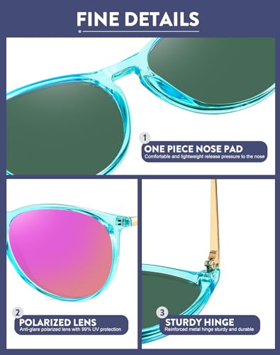 WOWSUN Retro Polarized Sunglasses Womens Trendy Round Classic Glasses - color: Transparent Frame Light Pink Mirrored + Black+ Transparent Blue Frame Purple Pink Mirrored