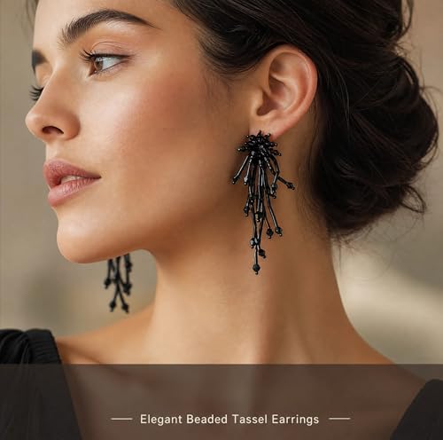 Native Beaded Tassel Earrings Boho,Fringe Drop Statement Seed Bead Tribal Dangle Earrings for Women - color: black