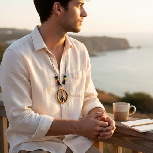 LAVIP Peace Sign Pendant Necklace, Black Cord with Wooden Beads, Boho Style - color: Brown