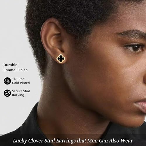 Elegant Black Onyx Clover Stud Earrings, 14K Gold Plated Four Leaf Hypoallergeinc Stud Stainless Steel Flower Earring Lucky Simple Jewelry Gift for Women Shiny Multiple Onyx Colors - color: Black Clover Stud Earrings
