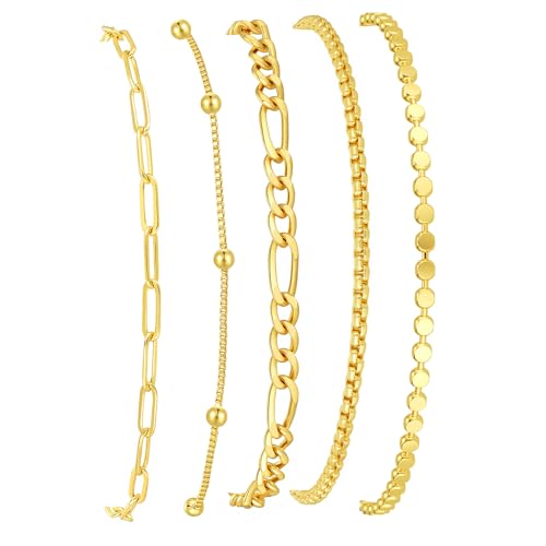 Gold Bracelets for Women, 14K Gold Plated Stackable Bracelet Stack Set Adjustable Charm Paperclip Chain Snake Link Layered Waterproof Jewelry Sets Gifts - style: Bracelets Set /2