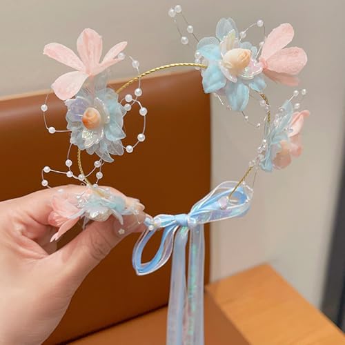 Artificial Flower Crown Headband for Women Girls – Boho Floral Wreath Halo for Weddings, Photoshoots, Festivals, Birthdays, and Costume Parties (Pink Blue Flower Shell, Adjustable) - color: Pink Blue Flower Shell