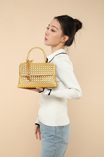 Woven Crossbody Bag for Women, Top Handle Satchel Purse Shoulder Handbag, Woven Handbag - color: Gold