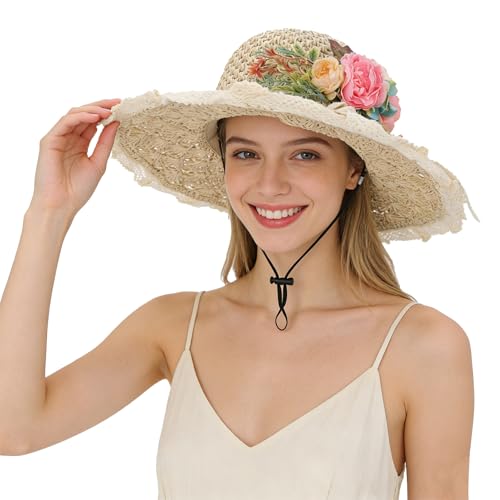 Realistic Flowers Floppy Straw Hats for Women, Chic Wide Brim Lace Trim Bowknot Summer Sun Caps Portable Anti-UV Sun Protection Shopping Fishing Gardening Travel Beach Caps Topee Fisherman Hat Beige