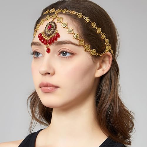Boho Headband for Women Elegant Bridal Wedding Headpiece Cubic Zirconia Vintage Jhumka Bead Tassel Festival Gold Plated Adjustable Forehead Chain Bollywood Party Accessories Jewelry (Red, Gold) - color: Red