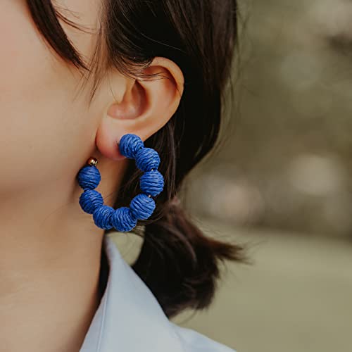 Raffia Hoop Earrings Statement Boho Beaded Earrings Cute Rattan Handmade Colorful Jewelry for Women Unique Summer Outfits - color: Royal Blue