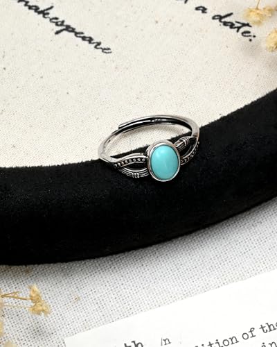 Silver Turquoise Rings for Women Adjustable Oval Gemstone Boho Western Statement Ring for Vintage Jewelry