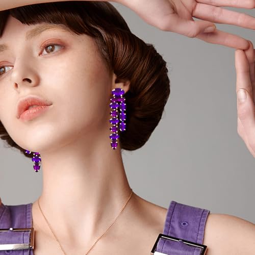 Boho Large Sparkly Rhinestones Teardrop Drop Dangle Earrings Long Tassel Full Crystals Chain Earrings for Women Wedding - style: Purple